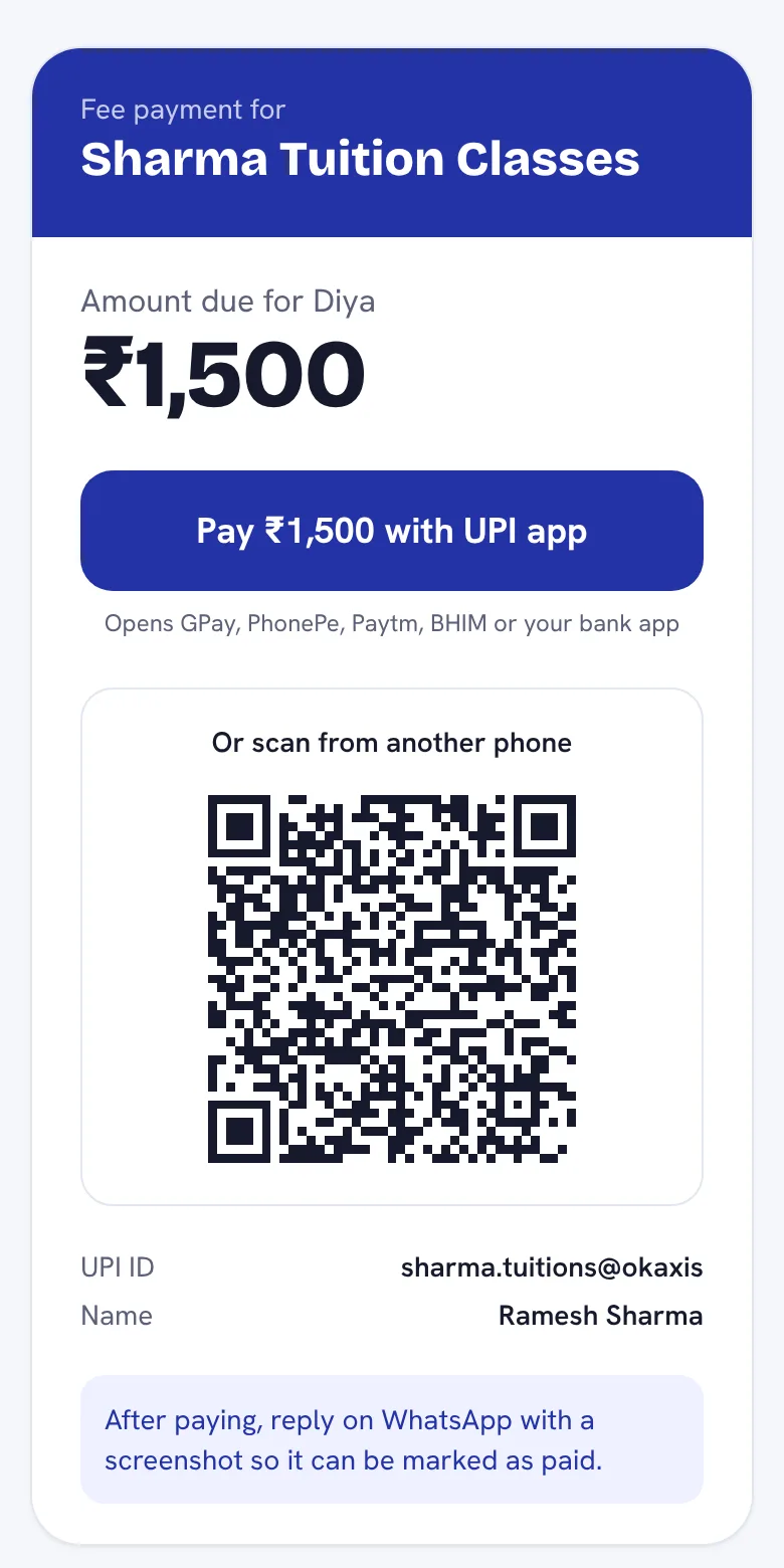 Payment page a parent sees with the amount due, a UPI QR code and a Pay with UPI app button